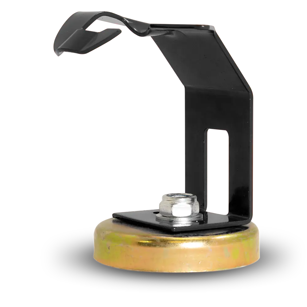 This is an image of a magnetic welding torch holder with black and gold metal parts, available at Kennedys Welding Supplies in Derwent Park, TAS, offering tool shop, laser cutting, power tool repairs, and welding specialists.