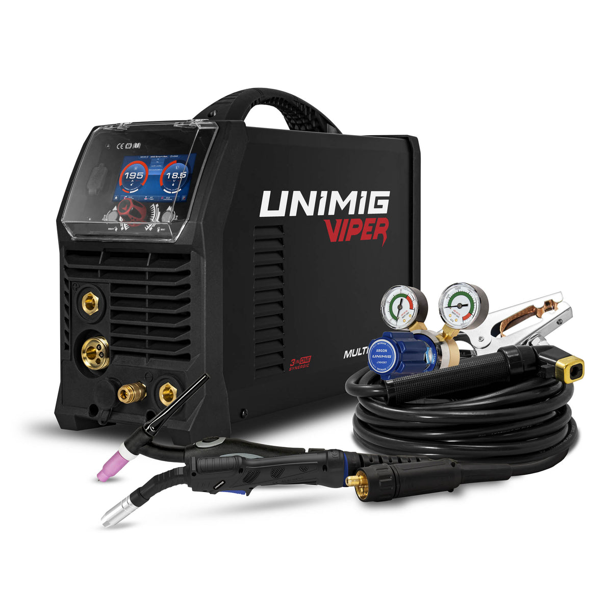 This is an image of Unimig Viper Multi 195 welding machine kit with cables and gauges at Kennedys Welding Supplies Derwent Park TAS