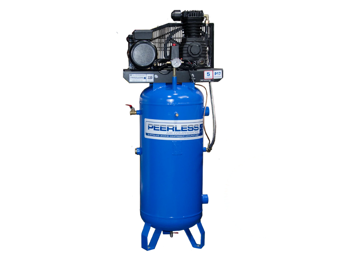 This is an image of a blue Peerless air compressor at Kennedys Welding Supplies in Derwent Park TAS, offering welding, tool shop, and power tool repairs