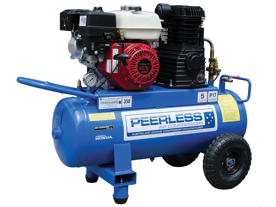 This is an image of a blue Peerless air compressor powered by Honda, offered by Kennedys Welding Supplies in Derwent Park TAS, specializing in Tool Shop, Laser Cutting, and Welding Specialists.