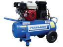 This is an image of a blue Peerless air compressor powered by Honda, offered by Kennedys Welding Supplies in Derwent Park TAS, specializing in Tool Shop, Laser Cutting, and Welding Specialists.