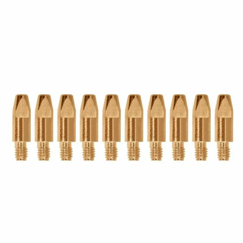 This is an image of ten brass threaded welding contact tips, featured by Kennedys Welding Supplies in Derwent Park TAS, offering welding specialists and tool shop services.