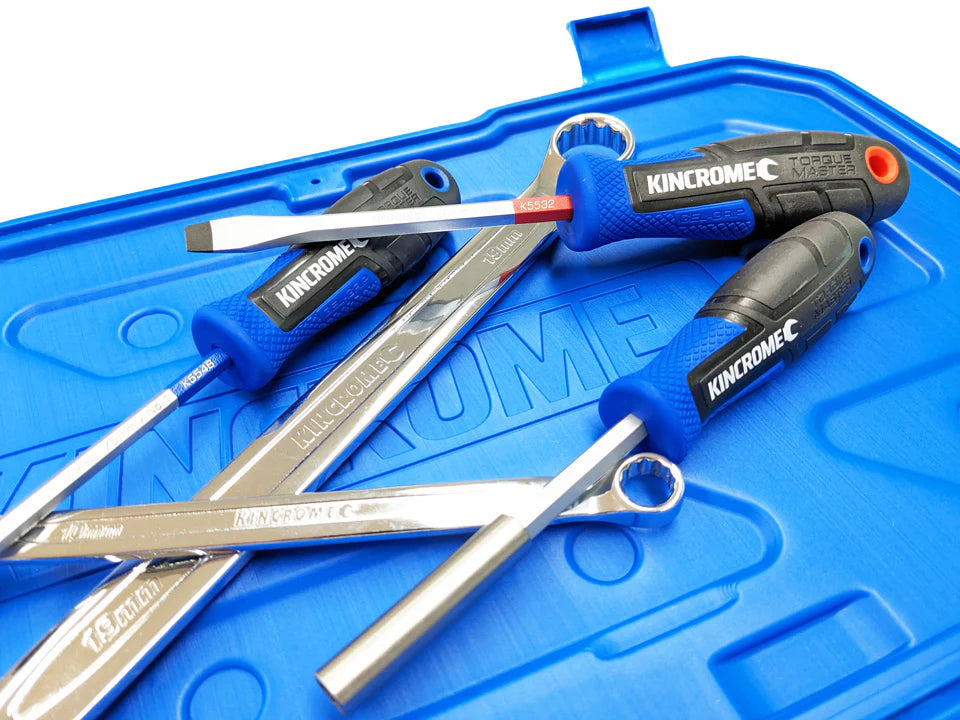 This is an image of Kincrome spanner sets on a blue case at Kennedys Welding Supplies Derwent Park TAS tool shop and welding specialists