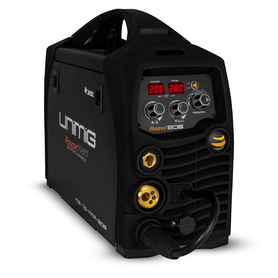 This is an image of a black Unimig Razor 205 MIG TIG Stick welder with digital display by Kennedys Welding Supplies in Derwent Park TAS