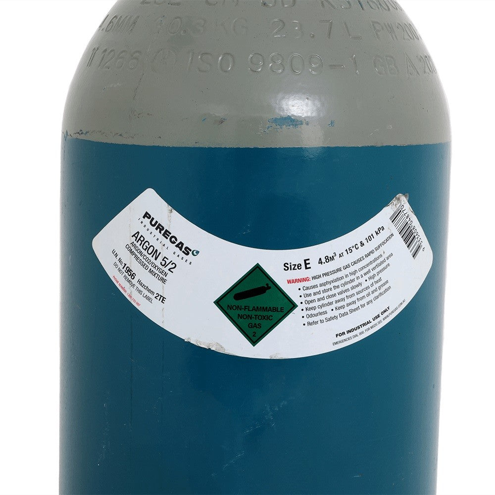 This is an image of a Puregas Argon 5/2 gas cylinder with safety label, offered by Kennedys Welding Supplies in Derwent Park, TAS, welding specialists and tool shop.