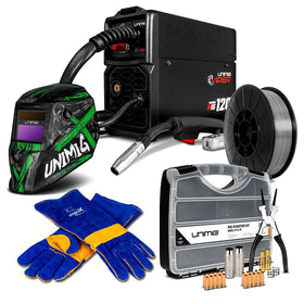 This is an image of UNIMIG Viper MIG 120 welder kit with welding helmet, gloves, wire spool, and MIG starter kit, from Kennedys Welding Supplies Derwent Park TAS
