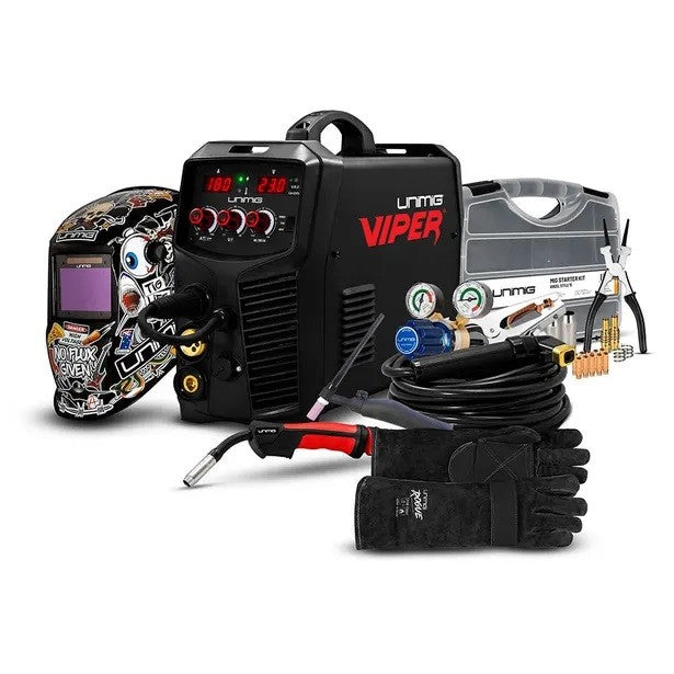 This is an image of the UNIMIG Viper welding machine kit with gloves, welding helmet, torch, and accessories from Kennedys Welding Supplies in Derwent Park TAS offering tool shop and welding specialists services
