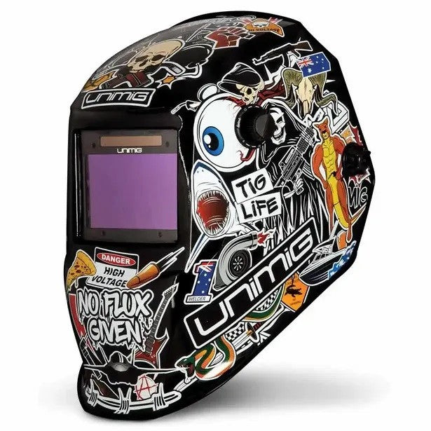 This is an image of a black Unimig welding helmet with colorful stickers and 'TIG LIFE' text, featured by Kennedys Welding Supplies in Derwent Park, TAS, offering welding specialists and tool shop services