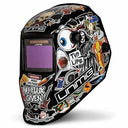 This is an image of a black Unimig welding helmet with colorful stickers and 'TIG LIFE' text, featured by Kennedys Welding Supplies in Derwent Park, TAS, offering welding specialists and tool shop services