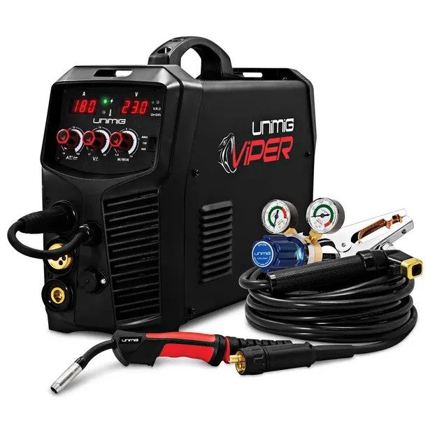 This is an image of the Unimig Viper MIG welder with control knobs, welding torch, and gas regulator, available at Kennedys Welding Supplies in Derwent Park, TAS, offering tool shop and welding specialist services