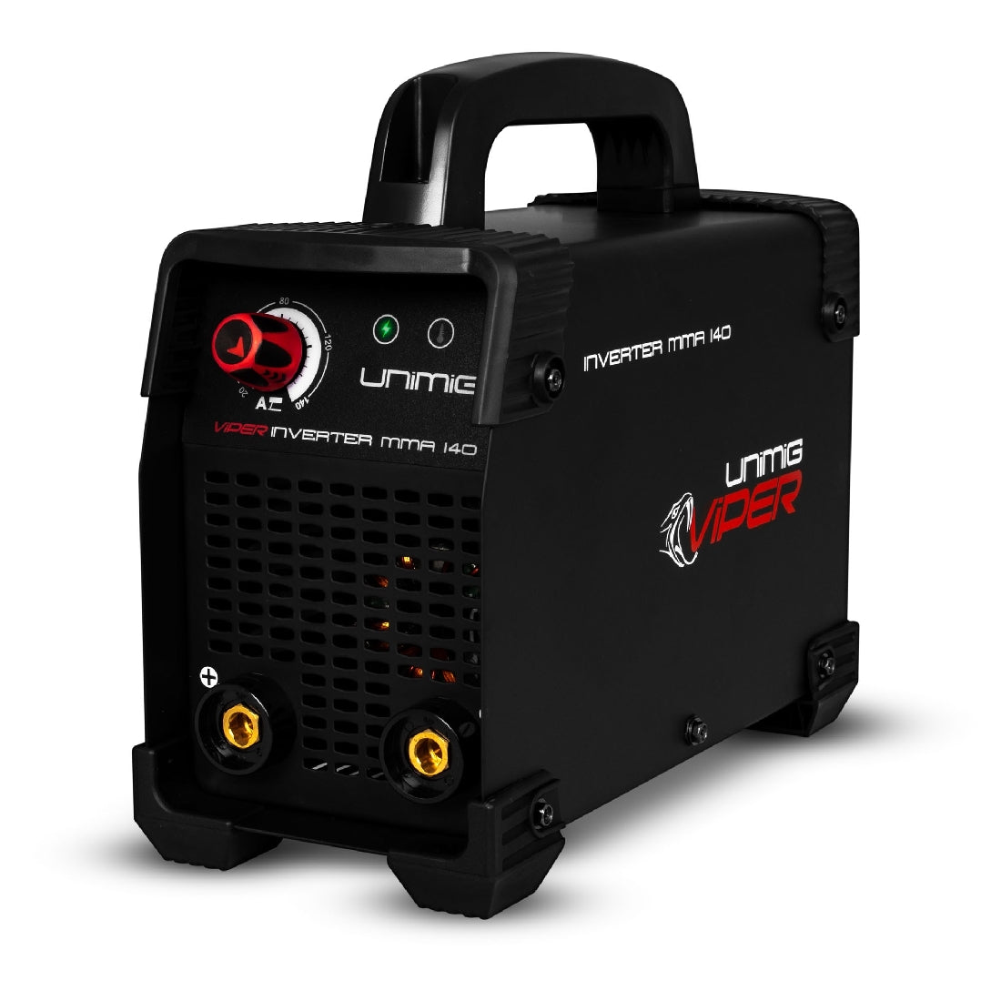 This is an image of Unimig Viper Inverter MMA 140 welder, black compact design, available at Kennedys Welding Supplies in Derwent Park TAS, offering tool shop and welding specialists services.