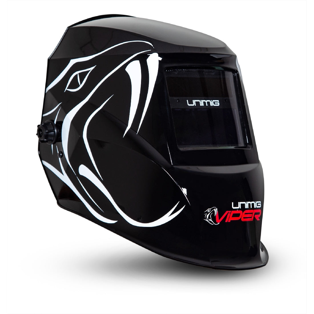 This is an image of a black Unimig Viper welding helmet with white snake graphics, sold by Kennedys Welding Supplies in Derwent Park TAS, offering tool shop, laser cutting, power tool repairs, and welding specialist services.