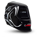 This is an image of a black Unimig Viper welding helmet with white snake graphics, sold by Kennedys Welding Supplies in Derwent Park TAS, offering tool shop, laser cutting, power tool repairs, and welding specialist services.