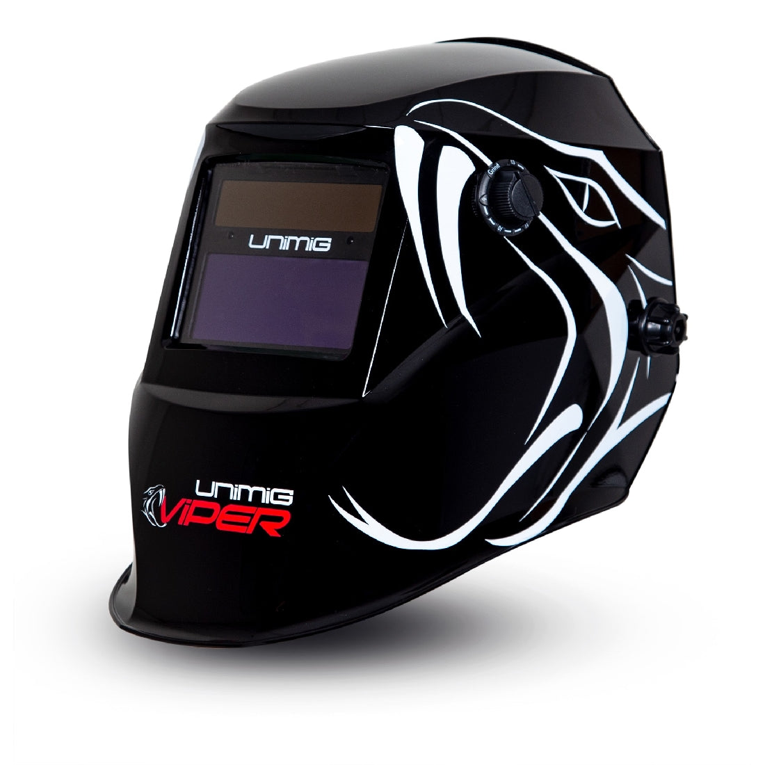 This is an image of a Unimig Viper welding helmet with black and white design from Kennedys Welding Supplies in Derwent Park, TAS offering tool shop and welding specialists services
