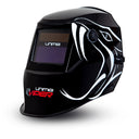 This is an image of a Unimig Viper welding helmet with black and white design from Kennedys Welding Supplies in Derwent Park, TAS offering tool shop and welding specialists services