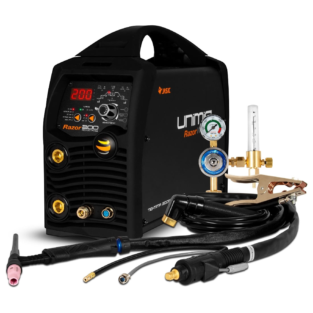 This is an image of a Jasic Razor 200 welding machine with attached cables and regulator, offered by Kennedys Welding Supplies in Derwent Park TAS, specializing in tool shop and welding services.