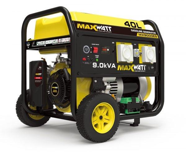 This is an image of a yellow and black Maxwatt 40L gasoline generator with 9.0kVA output, available at Kennedys Welding Supplies in Derwent Park Tasmania, specializing in welding, tool shop, and power tool repairs.