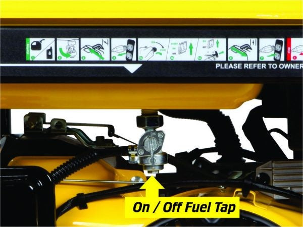 This is an image of a yellow fuel tap with On/Off label on machinery at Kennedys Welding Supplies, Derwent Park TAS tool shop and welding specialists
