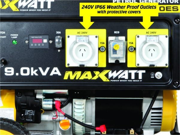 This is an image of a Maxwatt 9.0kVA petrol generator with 240V weatherproof outlets, offered by Kennedys Welding Supplies in Derwent Park, TAS, specializing in Tool Shop, Welding, and Power Tool Repairs.