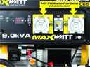 This is an image of a Maxwatt 9.0kVA petrol generator with 240V weatherproof outlets, offered by Kennedys Welding Supplies in Derwent Park, TAS, specializing in Tool Shop, Welding, and Power Tool Repairs.