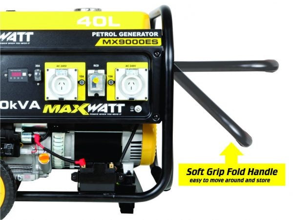 This is an image of a Maxwatt MX9000ES 40L petrol generator at Kennedys Welding Supplies in Derwent Park TAS, offering welding specialists and tool shop services