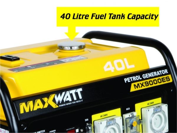 This is an image of a MAXWATT MX9000ES 40L petrol generator, featured by Kennedys Welding Supplies in Derwent Park TAS, offering welding and tool shop services
